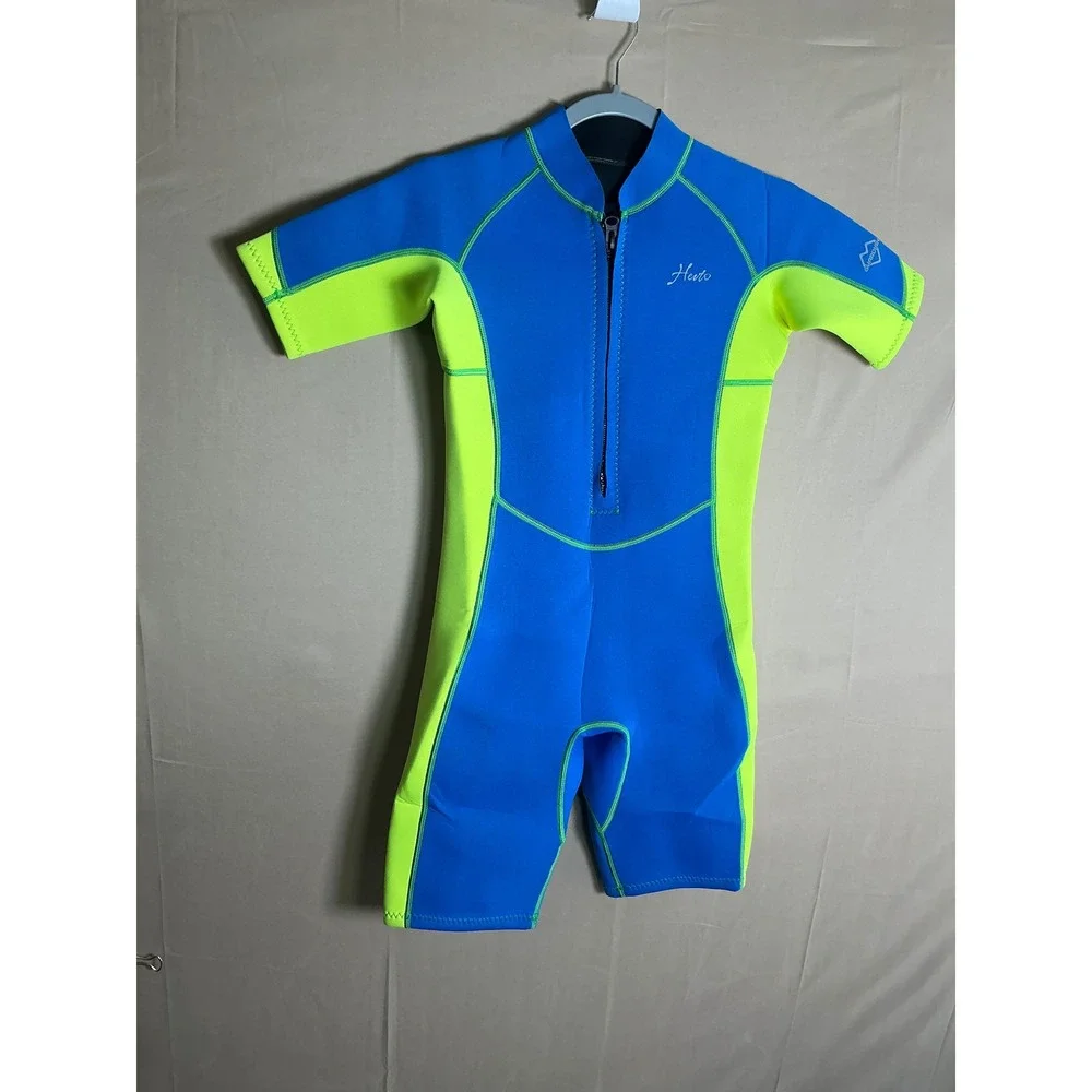 Hevto Kids Wetsuit Shorty Blue Lime Green 2mm Neoprene Front Zip Size 12 Youth